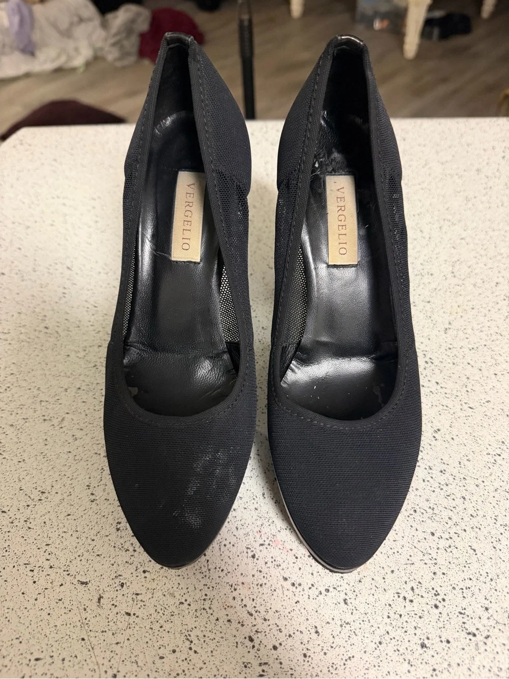 Vergelio Made in Italy Black Shoes Heels Stiletto Leather and Mesh Size 35.5
